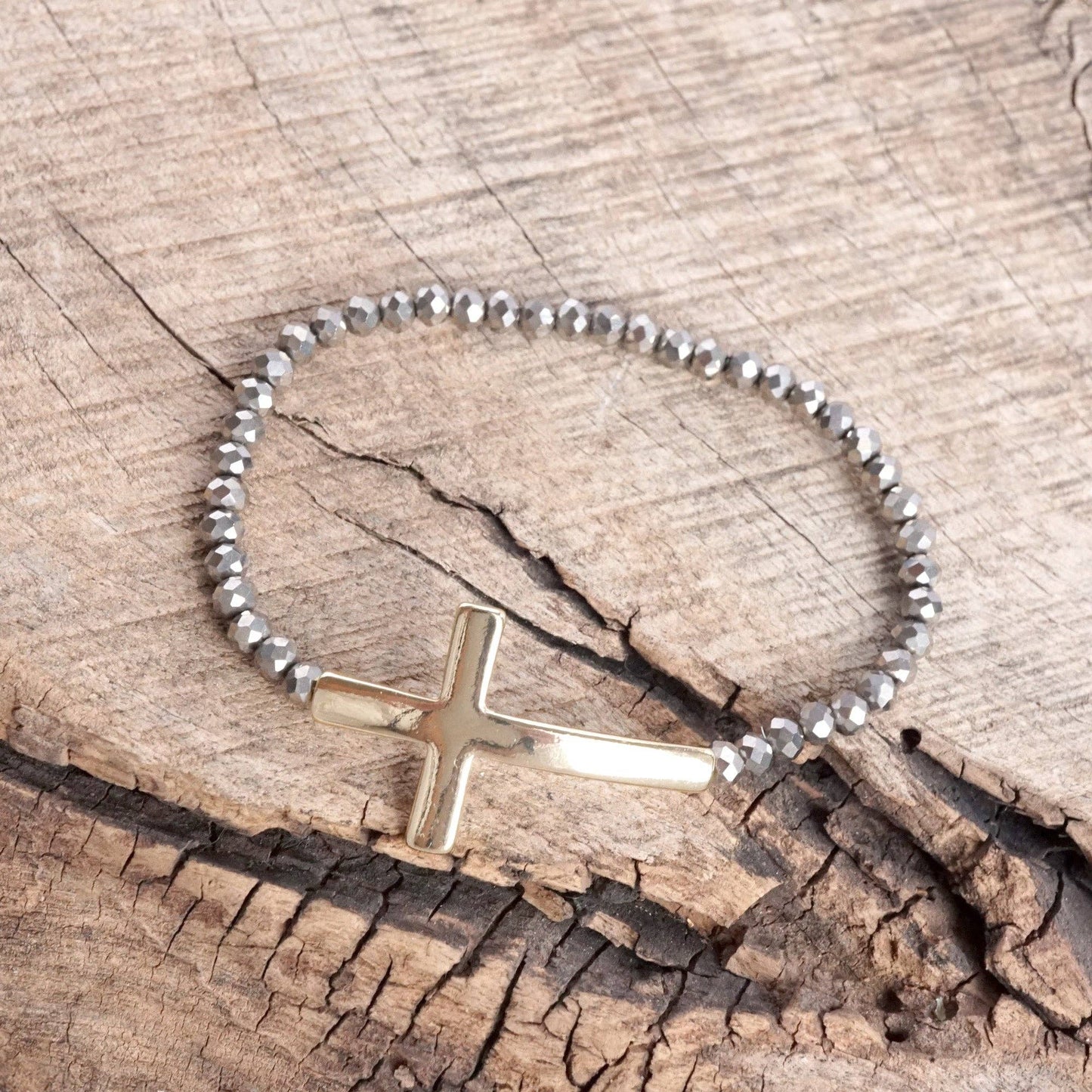 Sideways Cross Bracelet with Glass Beads - Gold Tone