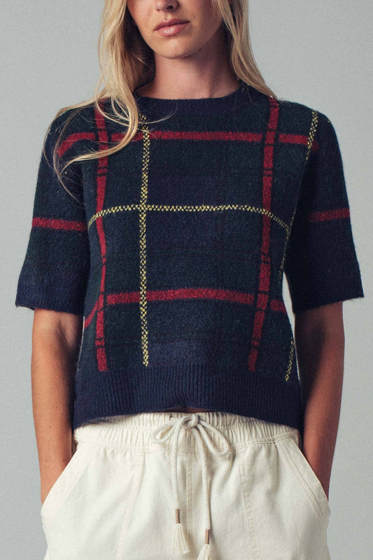 Plaid Short Sleeve Knit Sweater Top