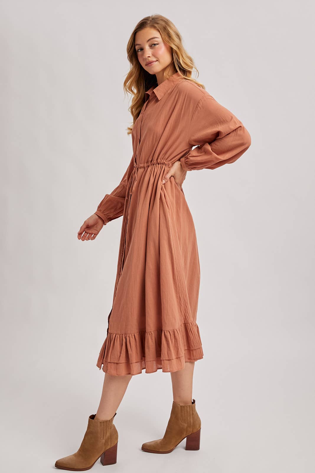 RUFFLED MIDI OPEN DUSTER OR SHIRT DRESS