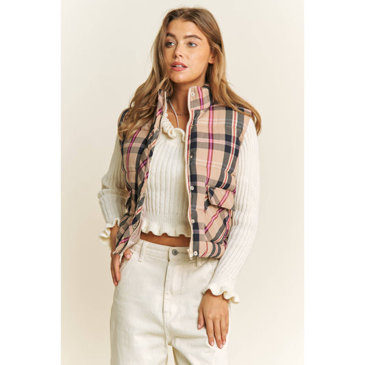 CROP PLAID HIGH NECK OPEN FRONT PUFFER VEST