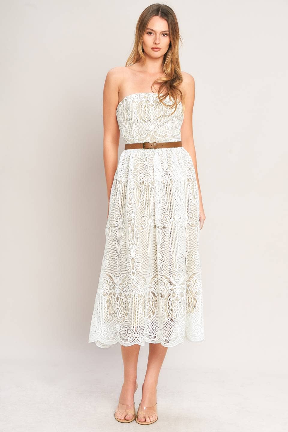 Strapless Lace Midi Dress with Belt - White