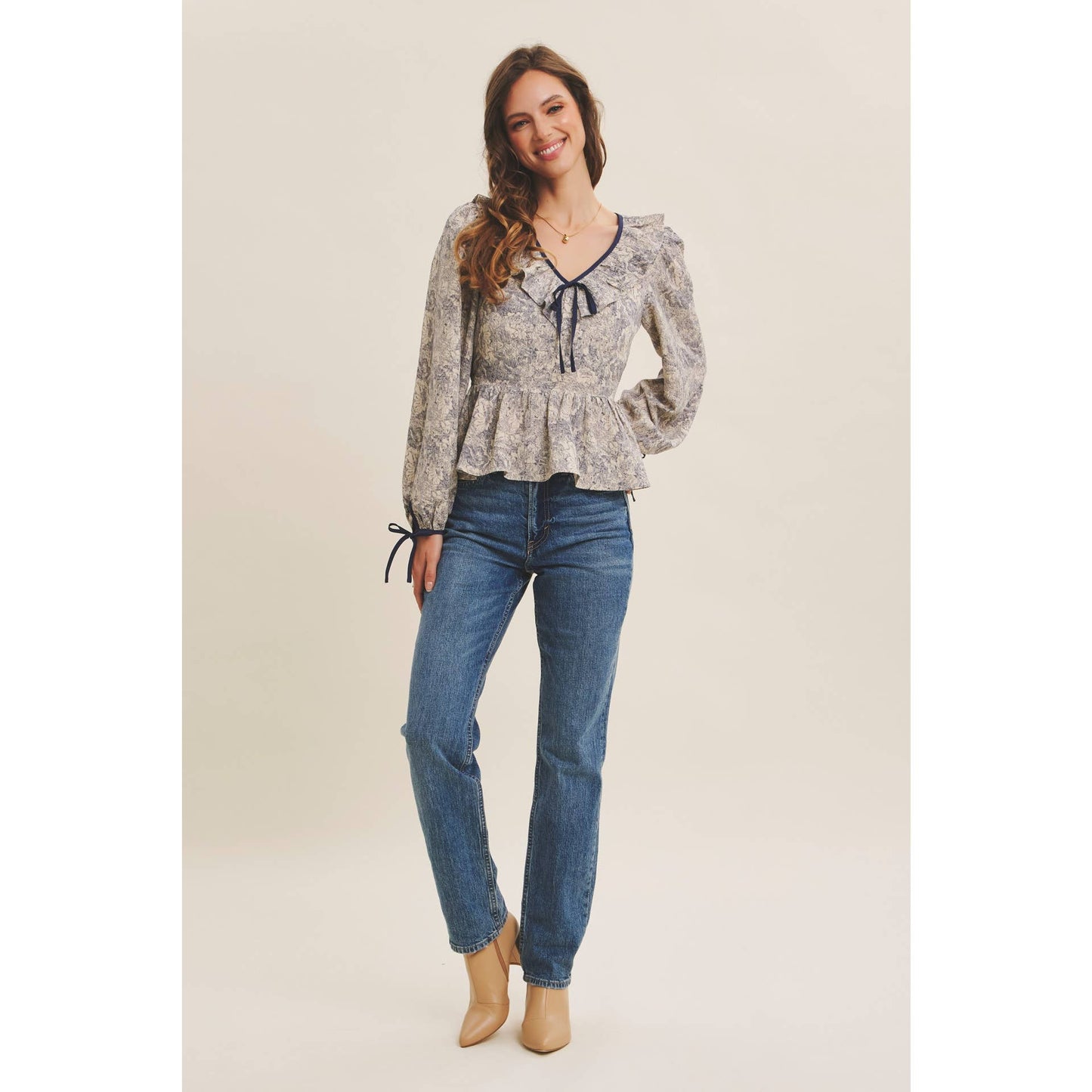 TOILE PRINTED BABYDOLL BLOUSE WITH BALLOON SLEEVES
