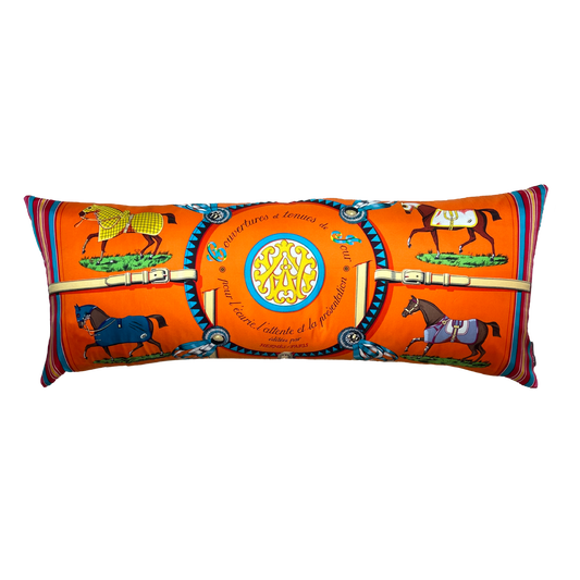 Couvertures et Tenues du Jour Orange Vintage Silk Scarf Lumbar Pillow 35"