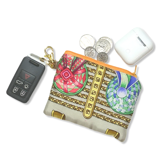 Vintage Hermes Rubans du Cheval Beige Silk Scarf Coffee Run Keychain Bag
