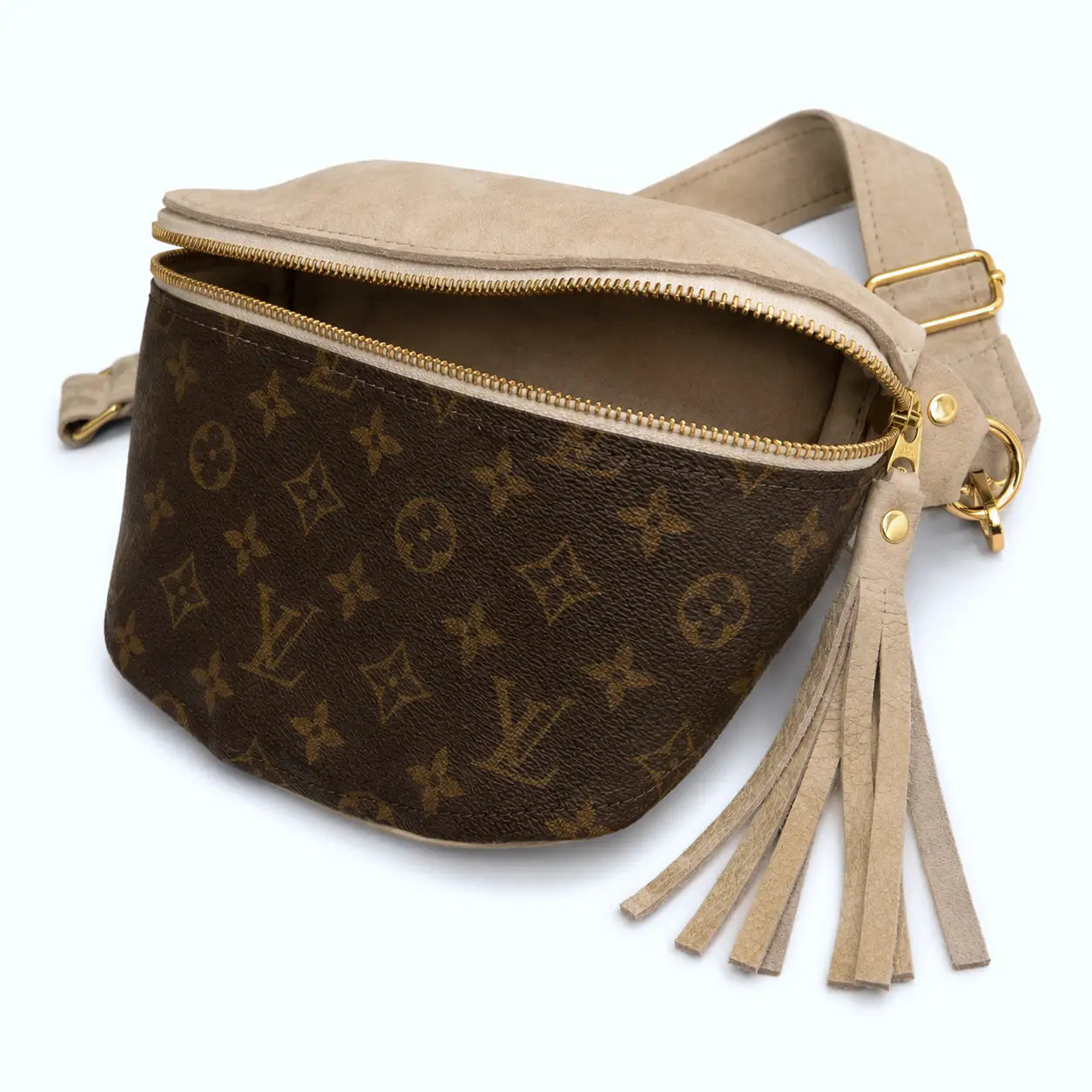 Britt Belt Bag in Stone Leather | Upcycled Lv Full Front