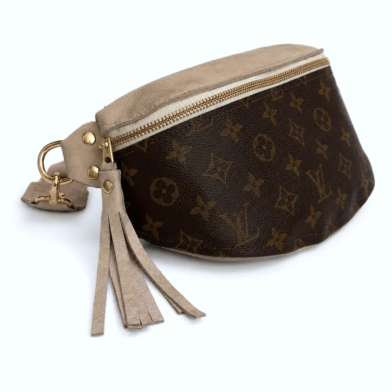 Britt Belt Bag in Stone Leather | Upcycled Lv Full Front