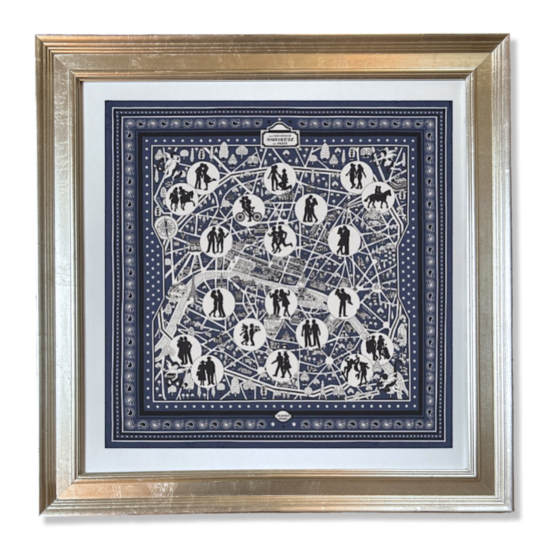 Les Nouveaux Amoureux de Paris Framed Vintage Silk Scarf 27"