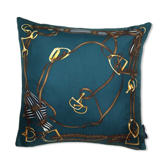 Green Equestrian Vintage Silk Scarf Pillow 18"