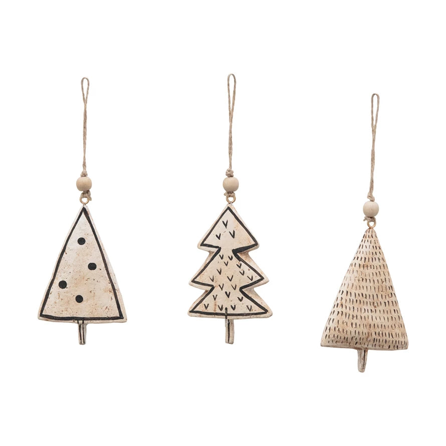 3-3/4"H Handmade Paper Mache Tree Ornament with Wood Bead, Black & White, 3 Styles