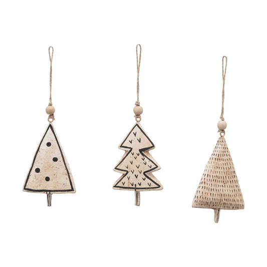 3-3/4"H Handmade Paper Mache Tree Ornament with Wood Bead, Black & White, 3 Styles