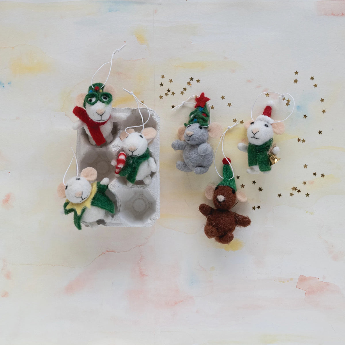 Handmade Wool Felt Mice Ornaments in Egg Crate, Set of 6